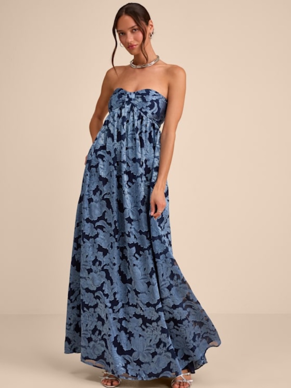 Lulus Danalia Navy Floral Burnout Strapless Maxi Dress Blue - Size M